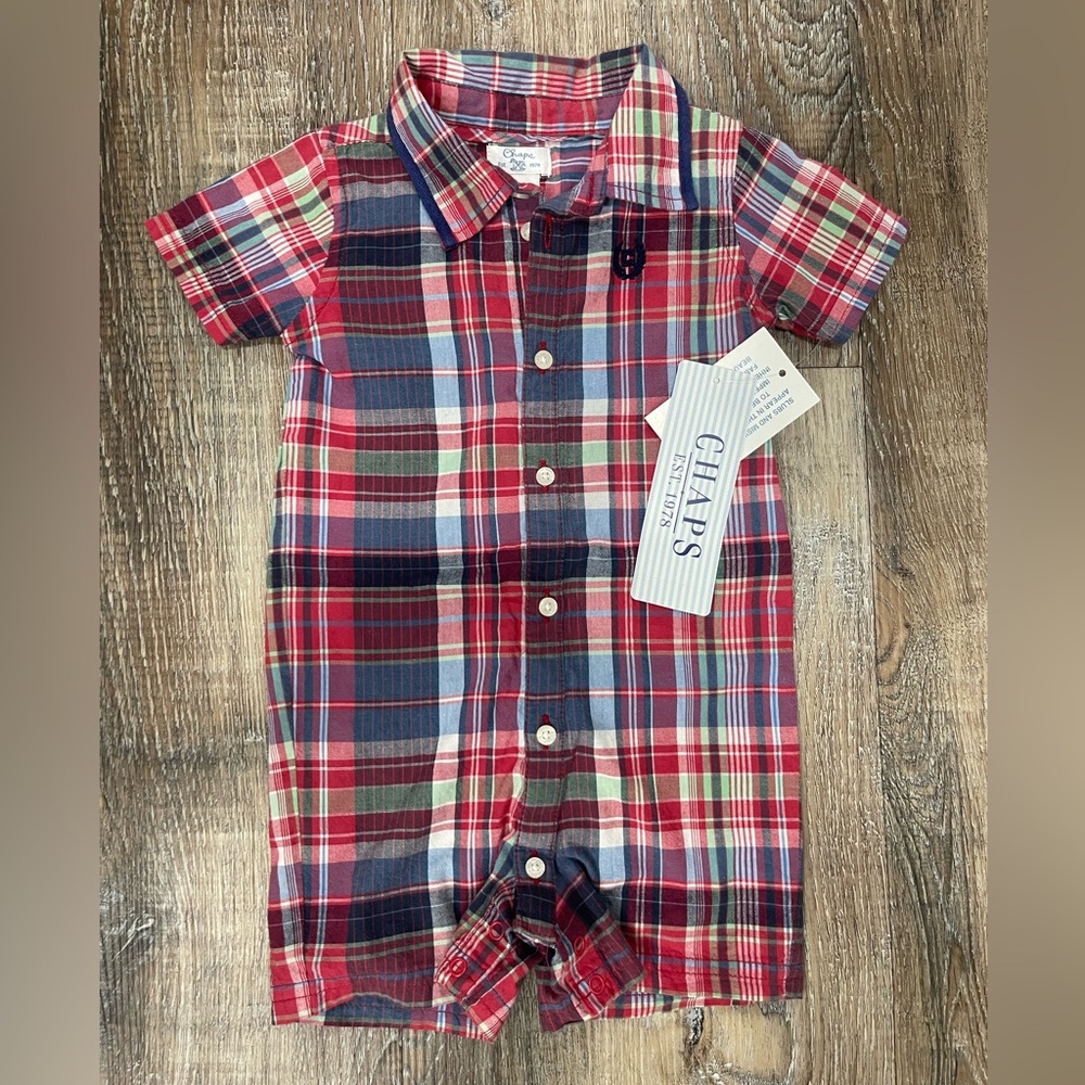 Chaps Baby Boy Multicolor Plaid Button Down One Piece Size 6 Months, NEW w tags